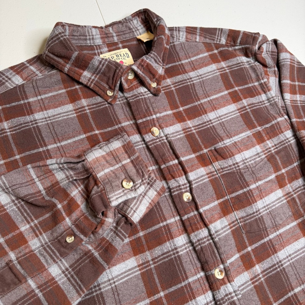 Red Head Mens Large Brown Plaid Flannel Button Down Shirt Cotton 602F909